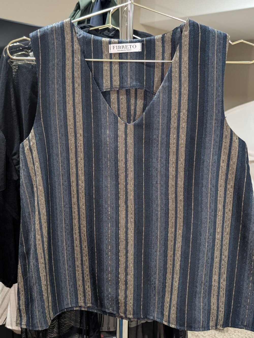 Fibreto Women's Navy and Tan Striped V-Neck Sleeveless Top